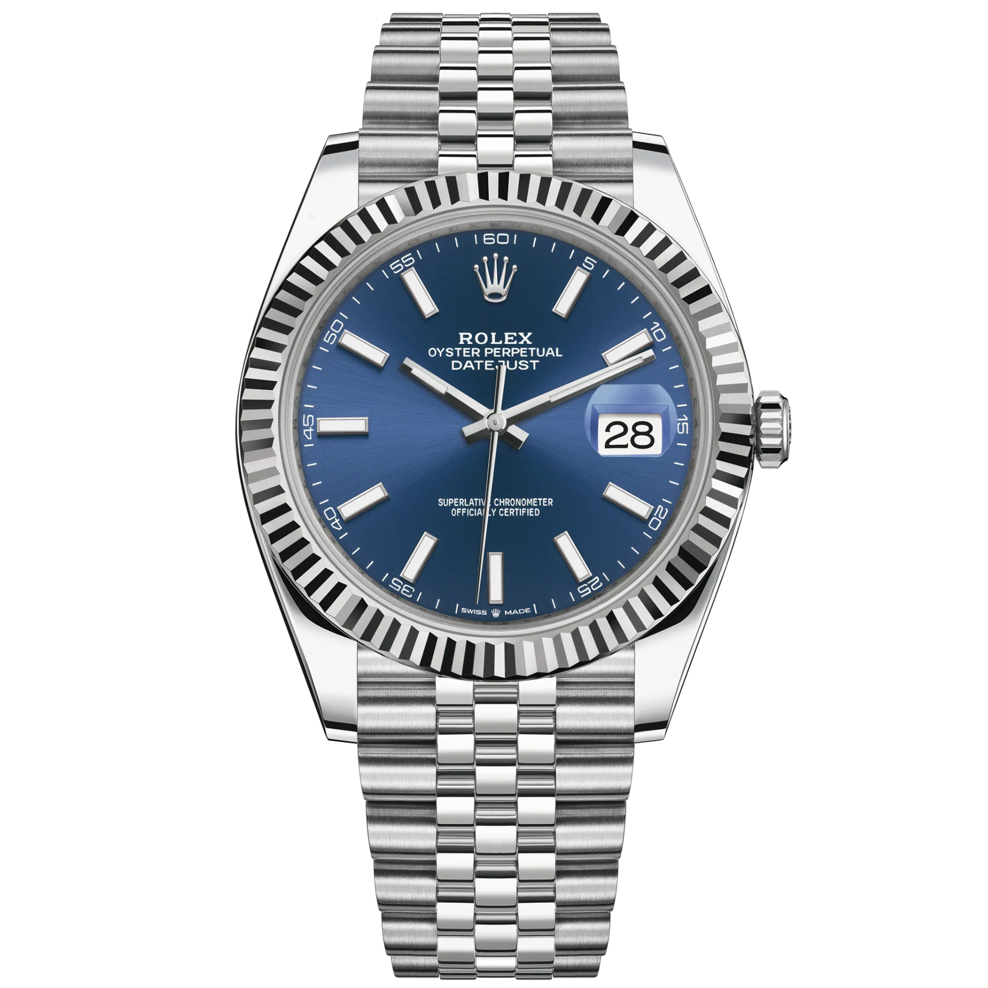 Datejust 41 41mm Jubilee Bracelet Oystersteel and White Gold with Bright Blue Dial Fluted Bezel - Rolex