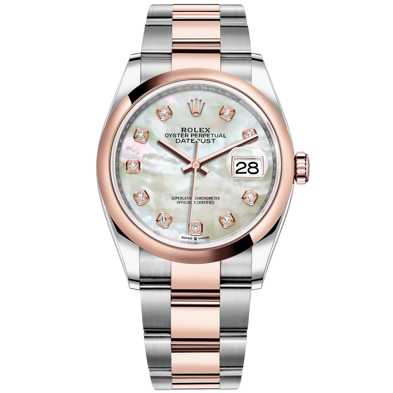 Datejust 36 36mm Oystersteel Jubilee Bracelet and Everose Gold with White Mother-of-Pearl Diamond-Set Dial Domed Bezel - Rolex