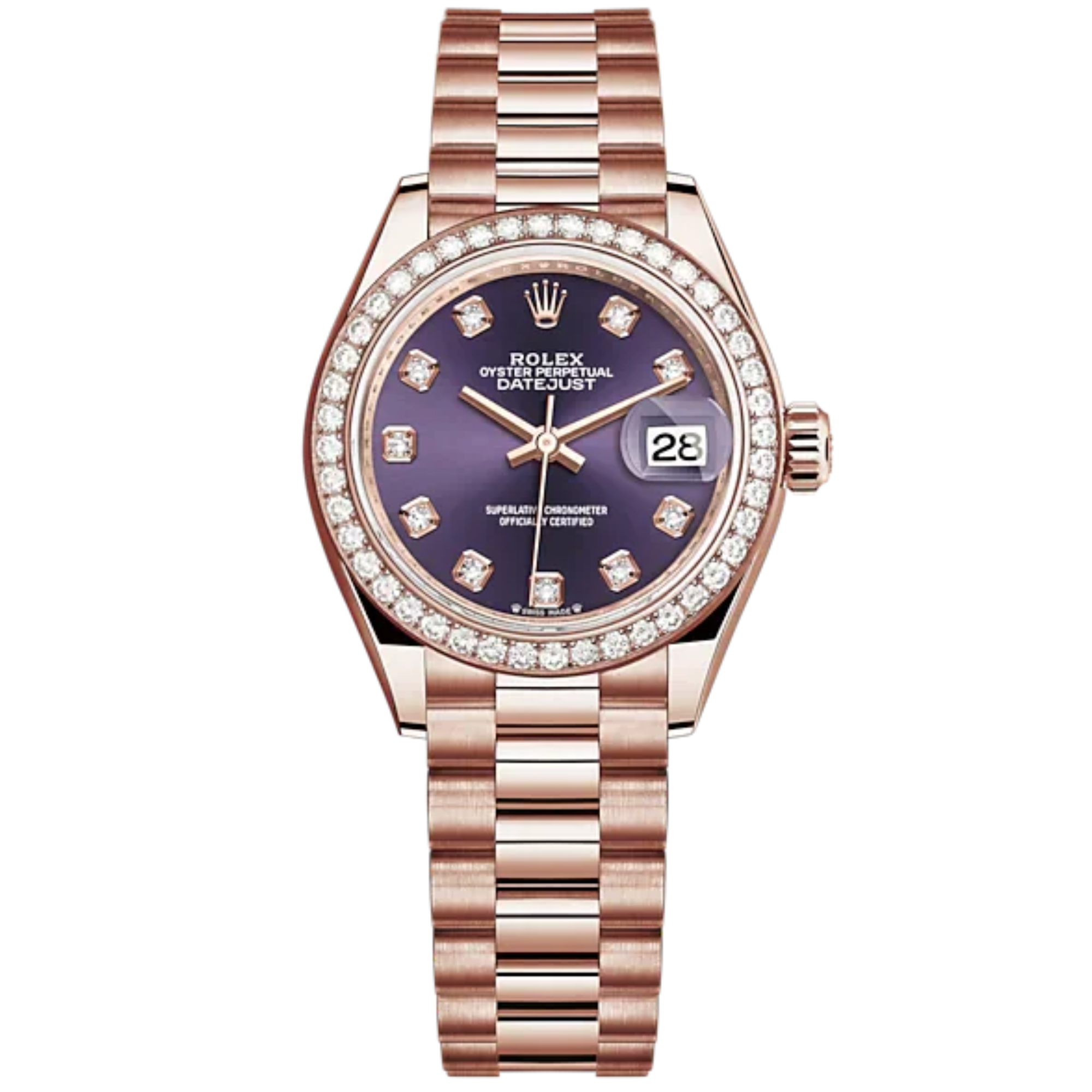 Lady-DateJust 28mm President Bracelet and 18 KT Everose Gold with Aubergine Dial Diamond-Set Dial and Diamond-Set Bezel - Rolex