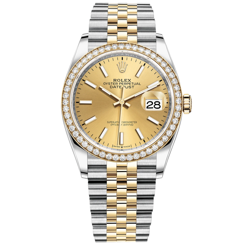 Datejust 36 36mm Oystersteel Jubilee Bracelet and Yellow Gold with Champagne-Colour Dial Diamond-Set Bezel - Rolex