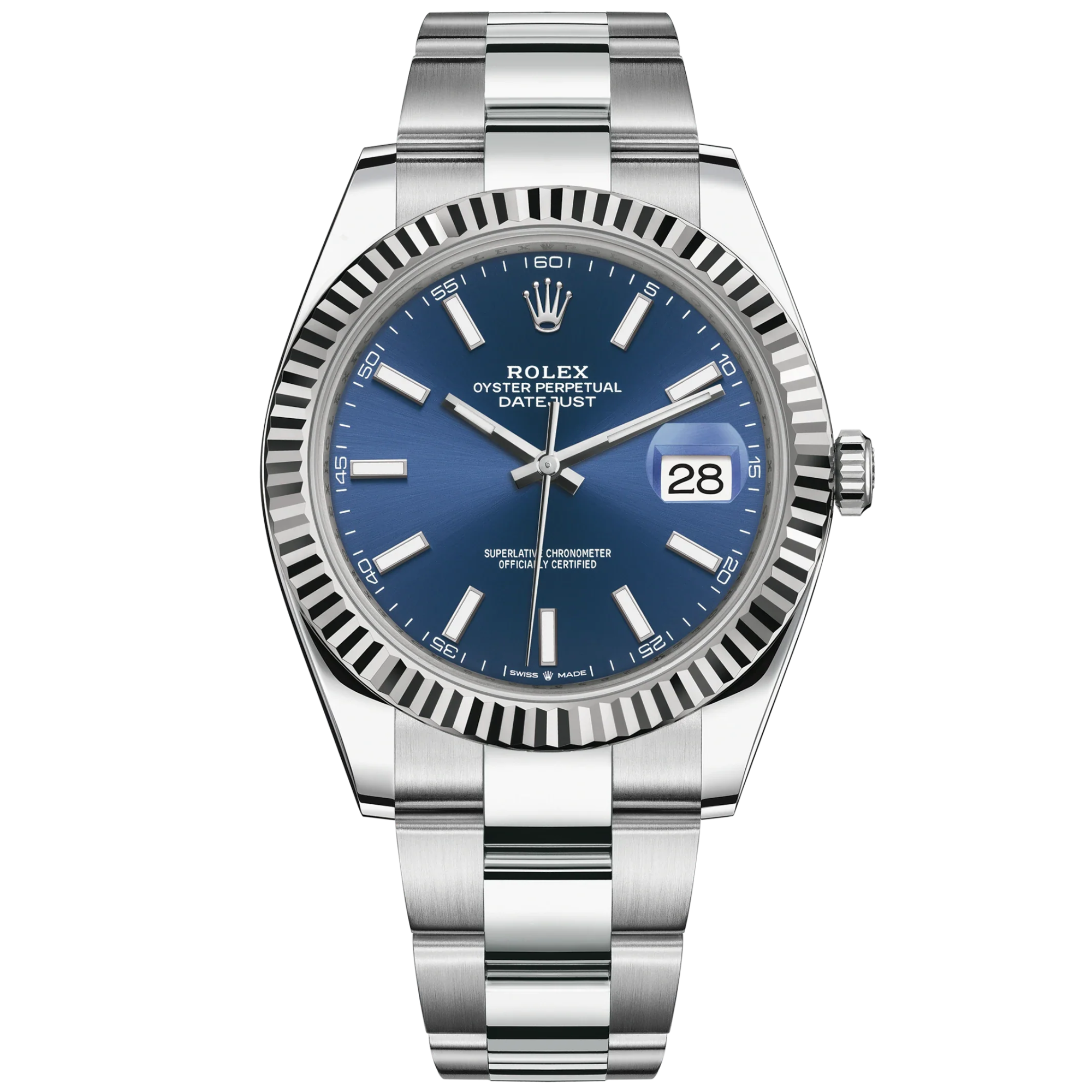 Datejust 41 41mm Oyster Bracelet Oystersteel and White Gold with Bright Blue Dial Fluted Bezel - Rolex