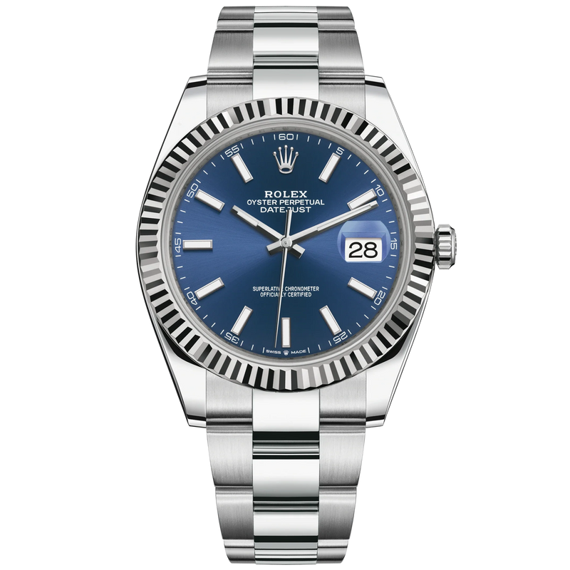 Datejust 41 41mm Oyster Bracelet Oystersteel and White Gold with Bright Blue Dial Fluted Bezel - Rolex