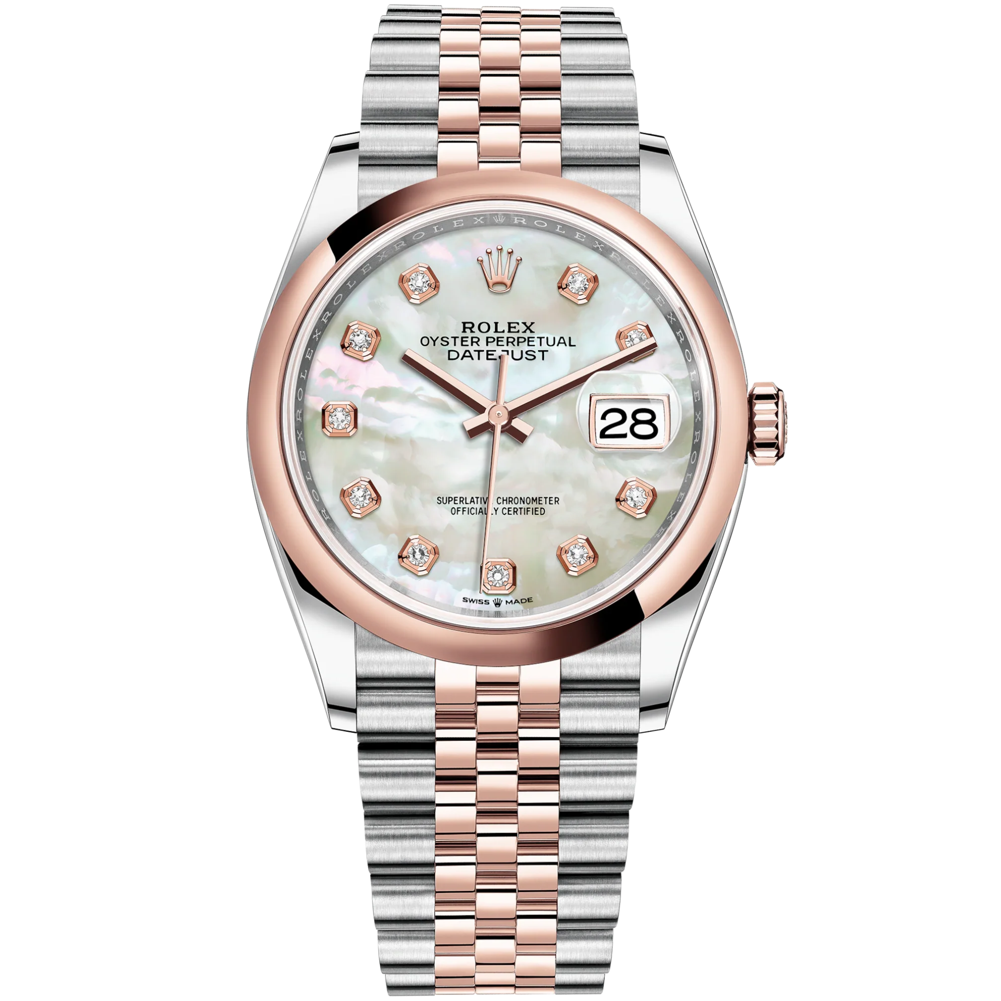 Datejust 36 36mm Oystersteel Jubilee Bracelet and Everose Gold with White Mother-of-Pearl Diamond-Set Dial Domed Bezel - Rolex