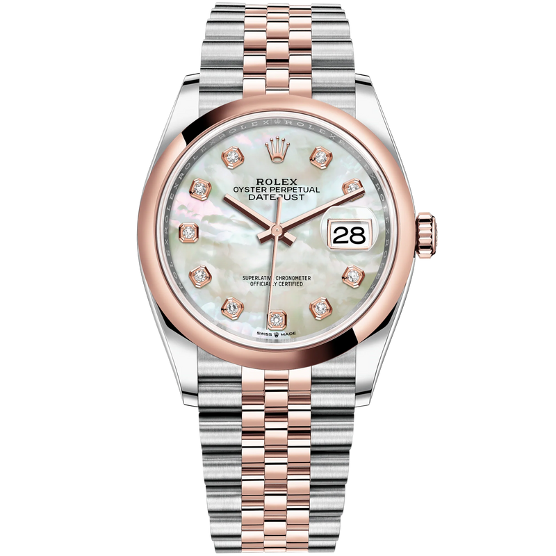 Datejust 36 36mm Oystersteel Jubilee Bracelet and Everose Gold with White Mother-of-Pearl Diamond-Set Dial Domed Bezel - Rolex
