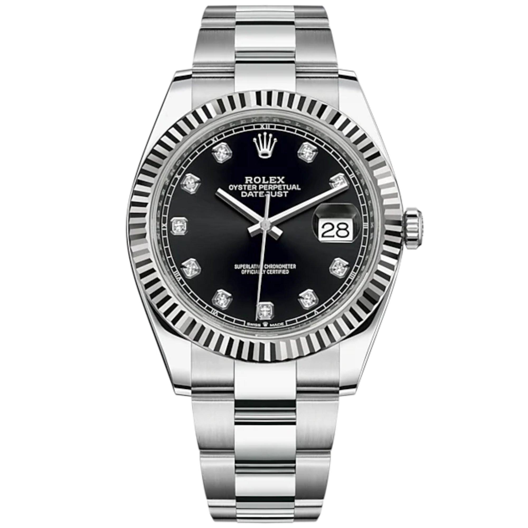Datejust 41 41mm Oyster Bracelet and White Gold with Bright Black Diamond-Set Dial Fluted Bezel - Rolex