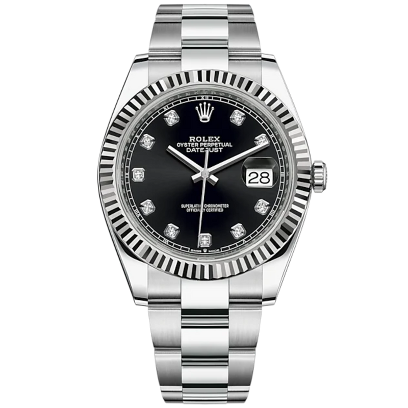 Datejust 41 41mm Oyster Bracelet and White Gold with Bright Black Diamond-Set Dial Fluted Bezel - Rolex