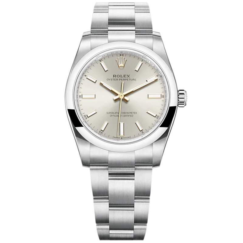 Oyster Perpetual 34 34MM Oyster Bracelet Silver Dial Domed Bezel - Rolex
