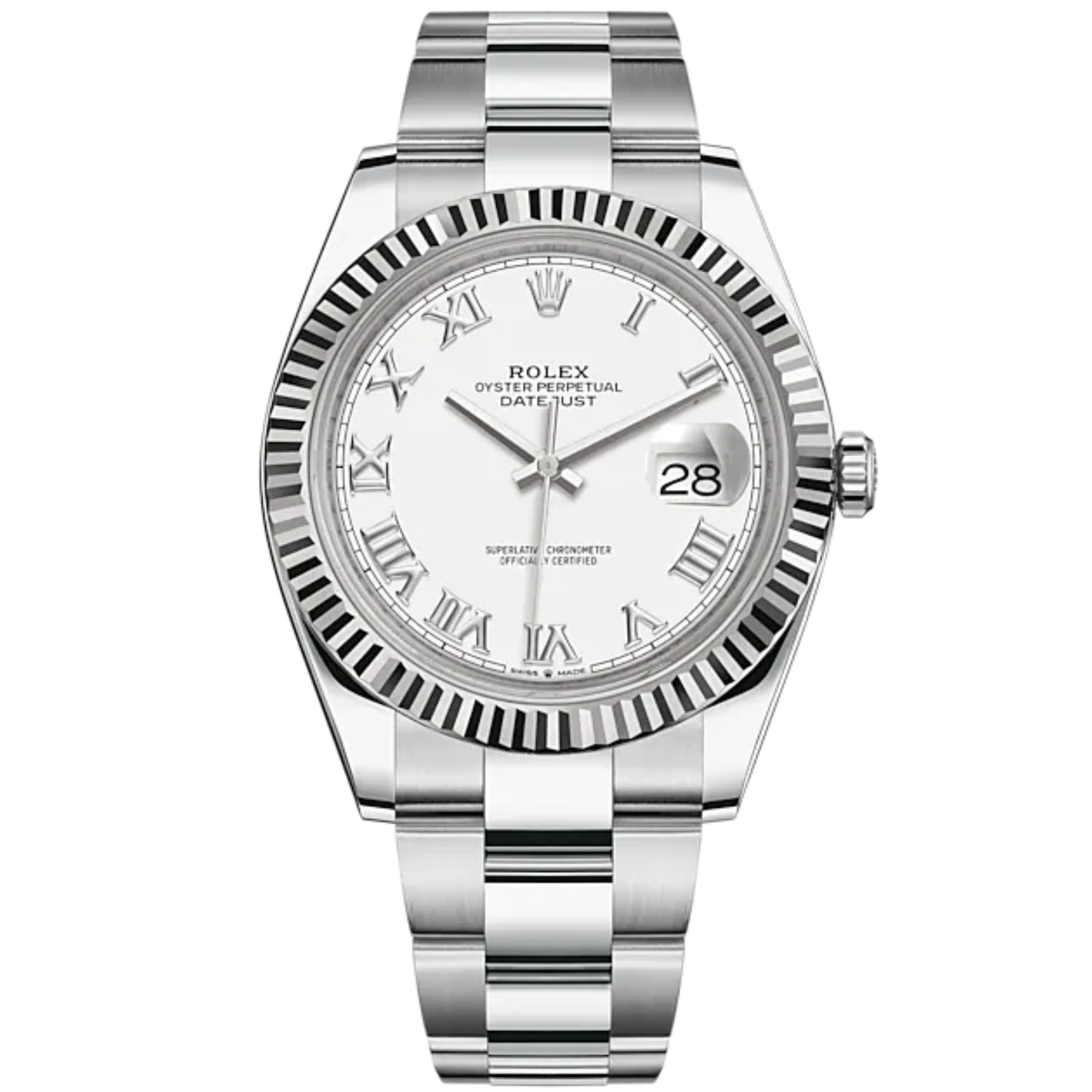 Datejust 41 41mm Oyster Bracelet Oystersteel and White Gold with White Roman Dial Fluted Bezel - Rolex