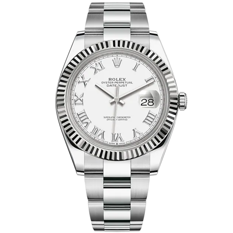 Datejust 41 41mm Oyster Bracelet Oystersteel and White Gold with White Roman Dial Fluted Bezel - Rolex