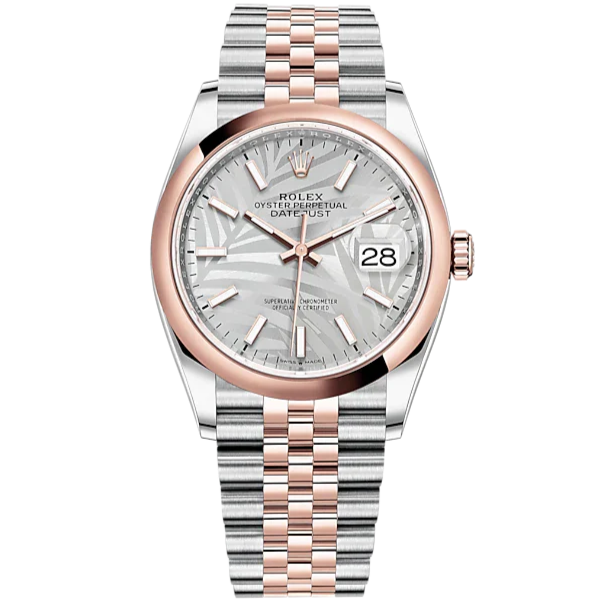 Datejust 36 36mm Oystersteel Jubilee Bracelet and Everose Gold with Silver Palm Motif Dial Silver Fluted Motif Domed Bezel - Rolex