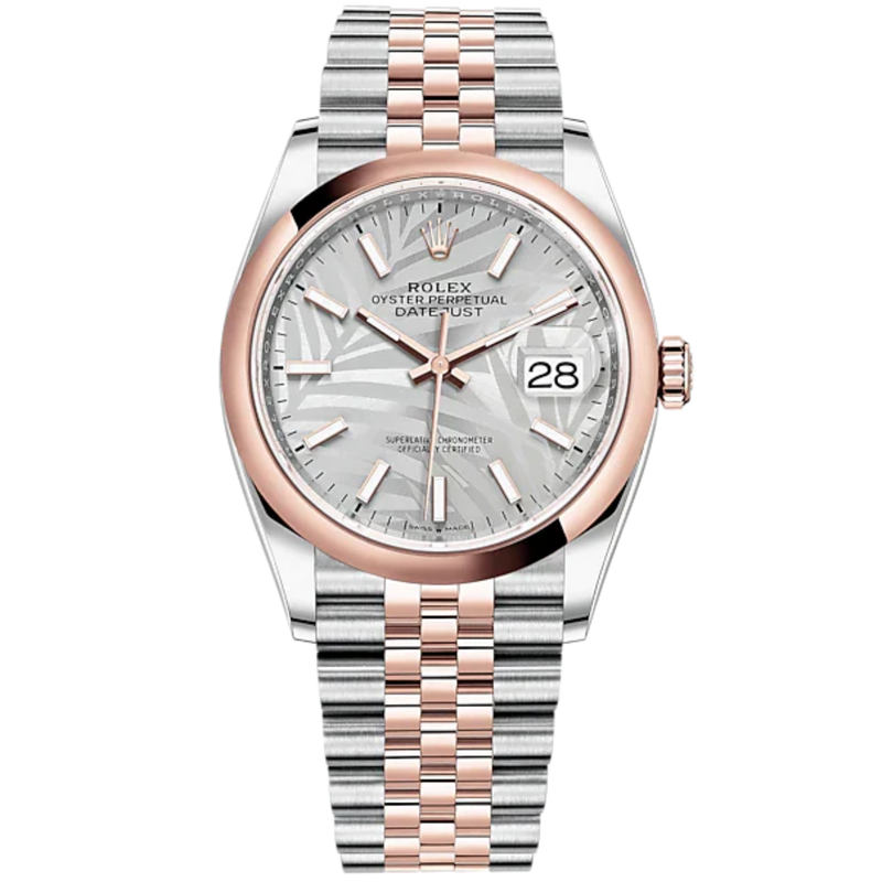 Datejust 36 36mm Oystersteel Jubilee Bracelet and Everose Gold with Silver Palm Motif Dial Silver Fluted Motif Domed Bezel - Rolex