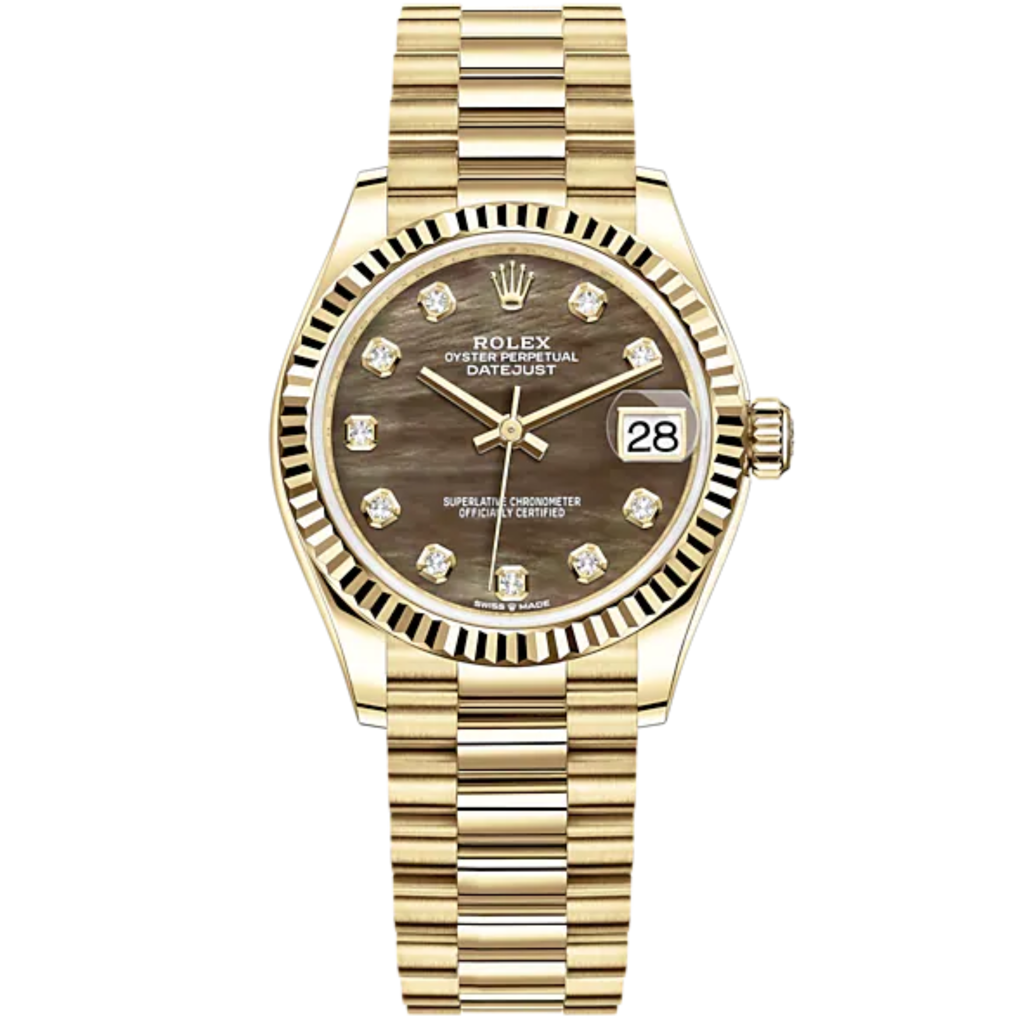 Datejust 31 31mm President Bracelet and 18 CT Yellow Gold with Black Mother-Of-Pearl Diamond-Set Dial Fluted Bezel - Rolex