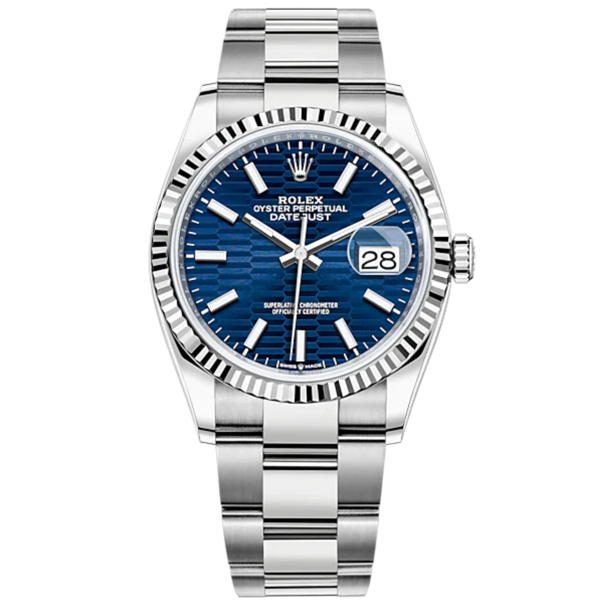 Rolex Datejust 36mm Oystersteel and White Gold on Oyster Blue Fluted-Motif Stick Dial Fluted Bezel - Rolex