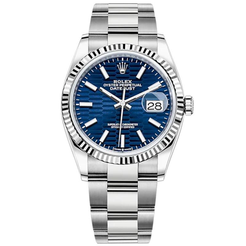Rolex Datejust 36mm Oystersteel and White Gold on Oyster Blue Fluted-Motif Stick Dial Fluted Bezel - Rolex