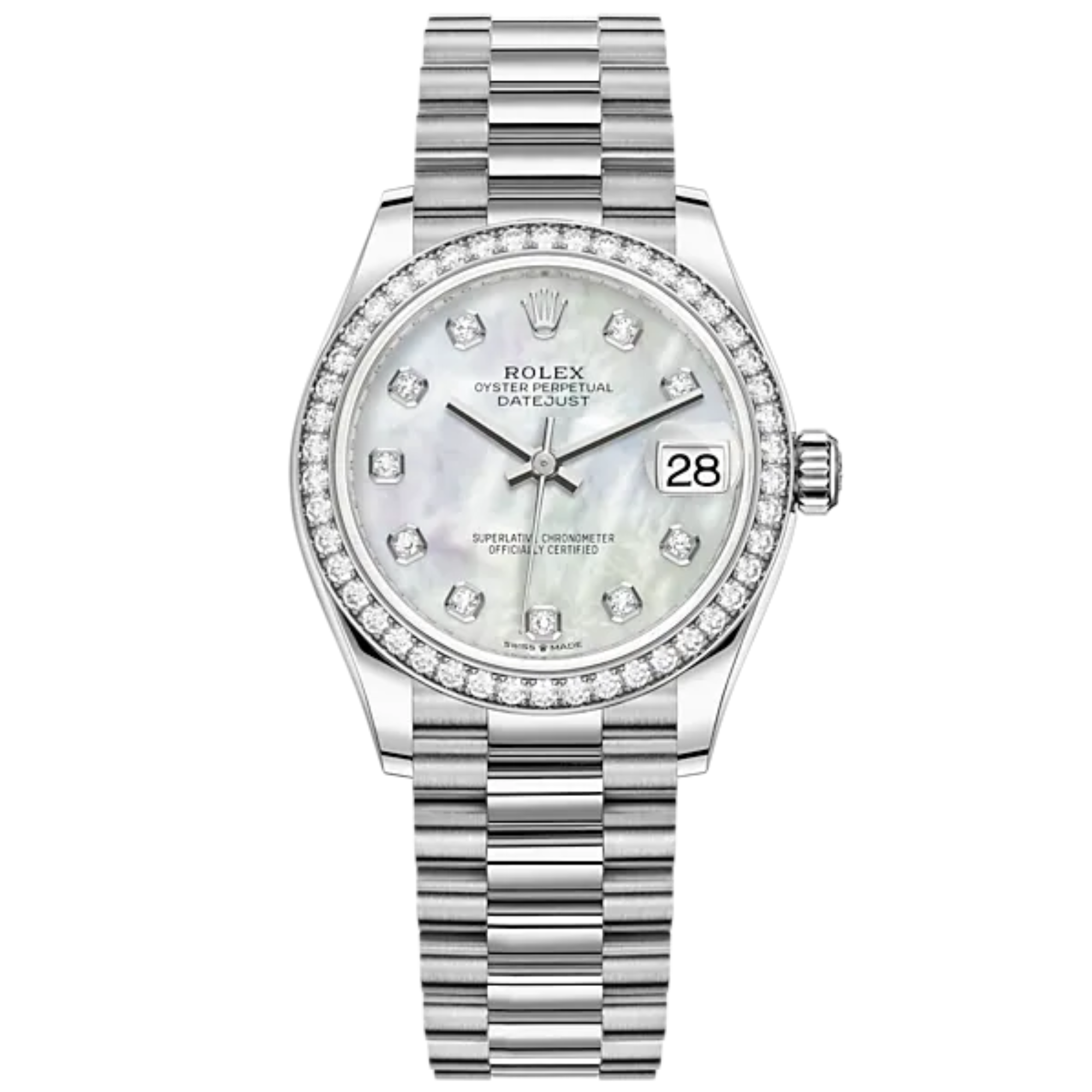 Datejust 31 31mm President Bracelet and 18 CT White Gold with White Mother-Of-Pearl Diamond-Set Dial Diamond-Set Bezel - Rolex