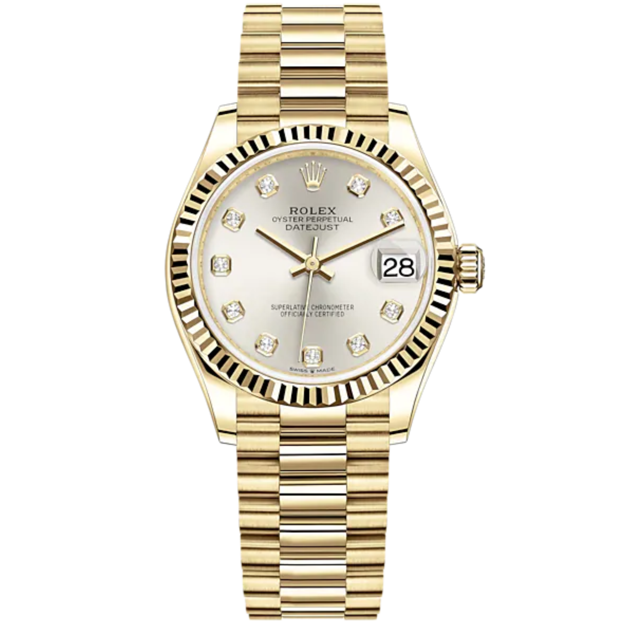 Datejust 31 31mm President Bracelet and 18 CT Yellow Gold with Silver Diamond Set Dial Fluted Bezel - Rolex