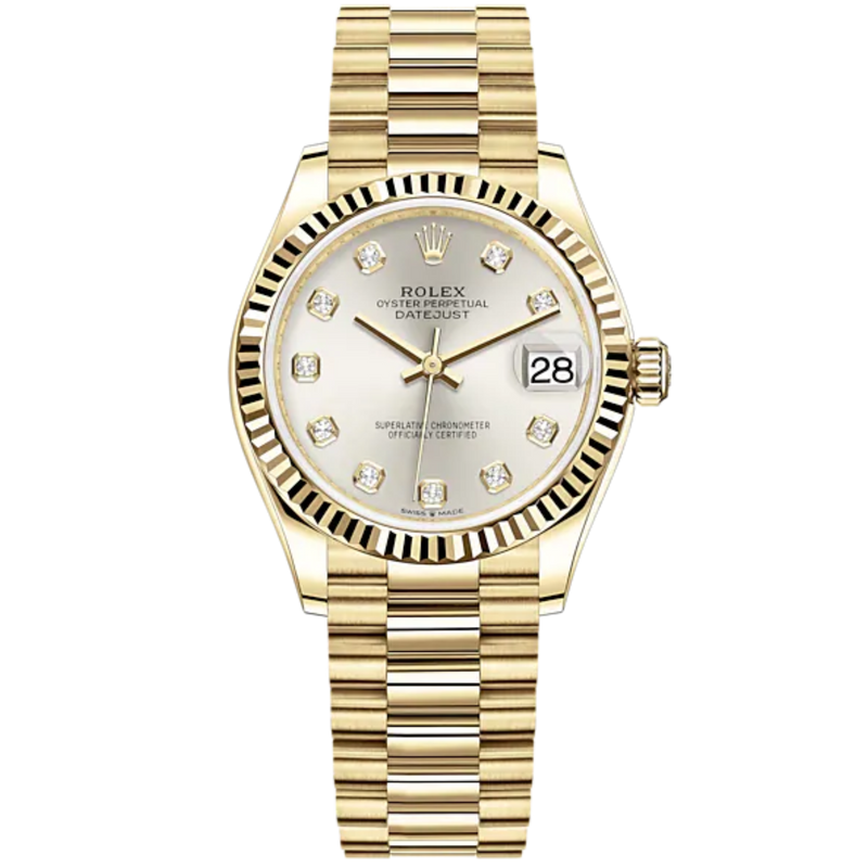 Datejust 31 31mm President Bracelet and 18 CT Yellow Gold with Silver Diamond Set Dial Fluted Bezel - Rolex