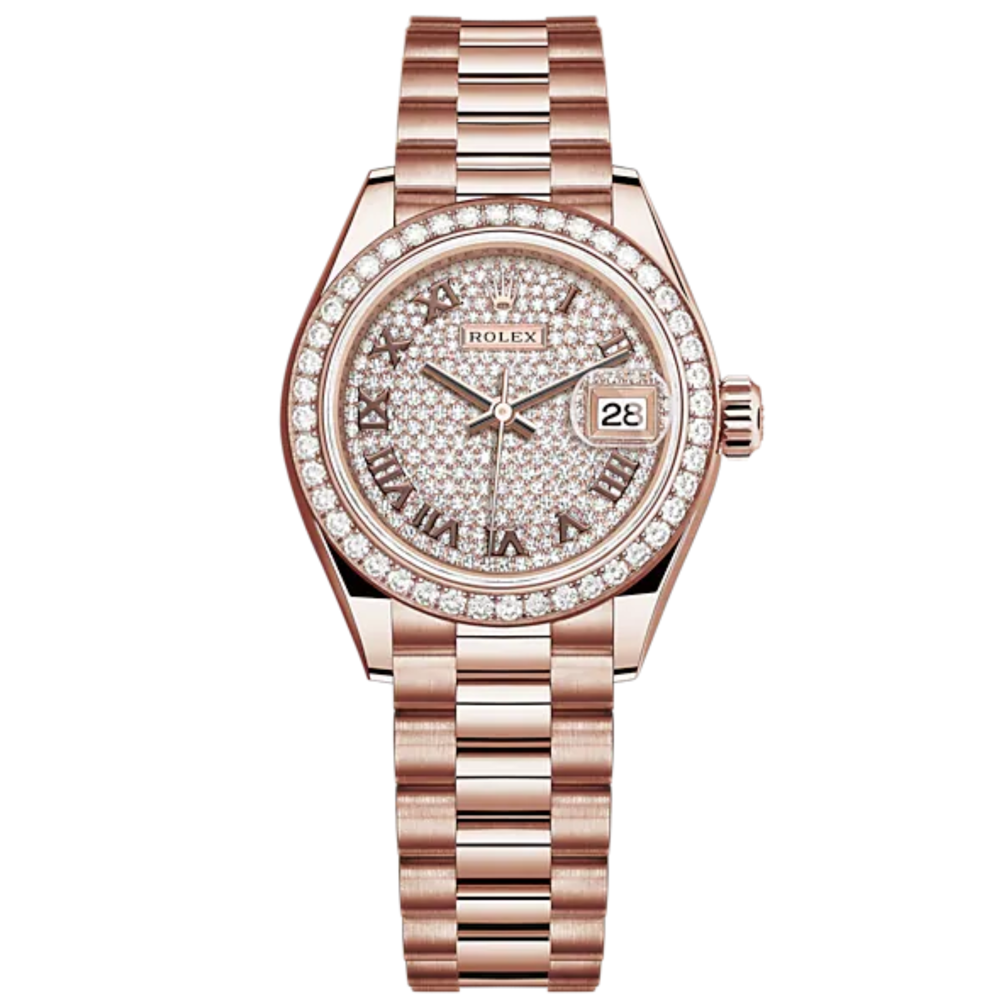 Lady-DateJust 28mm President Bracelet and 18 KT Everose Gold with Diamond-Paved Dial and Diamond-Set Bezel - Rolex