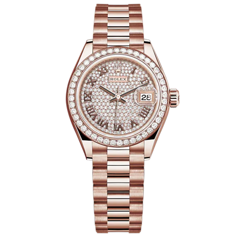 Lady-DateJust 28mm President Bracelet and 18 KT Everose Gold with Diamond-Paved Dial and Diamond-Set Bezel - Rolex