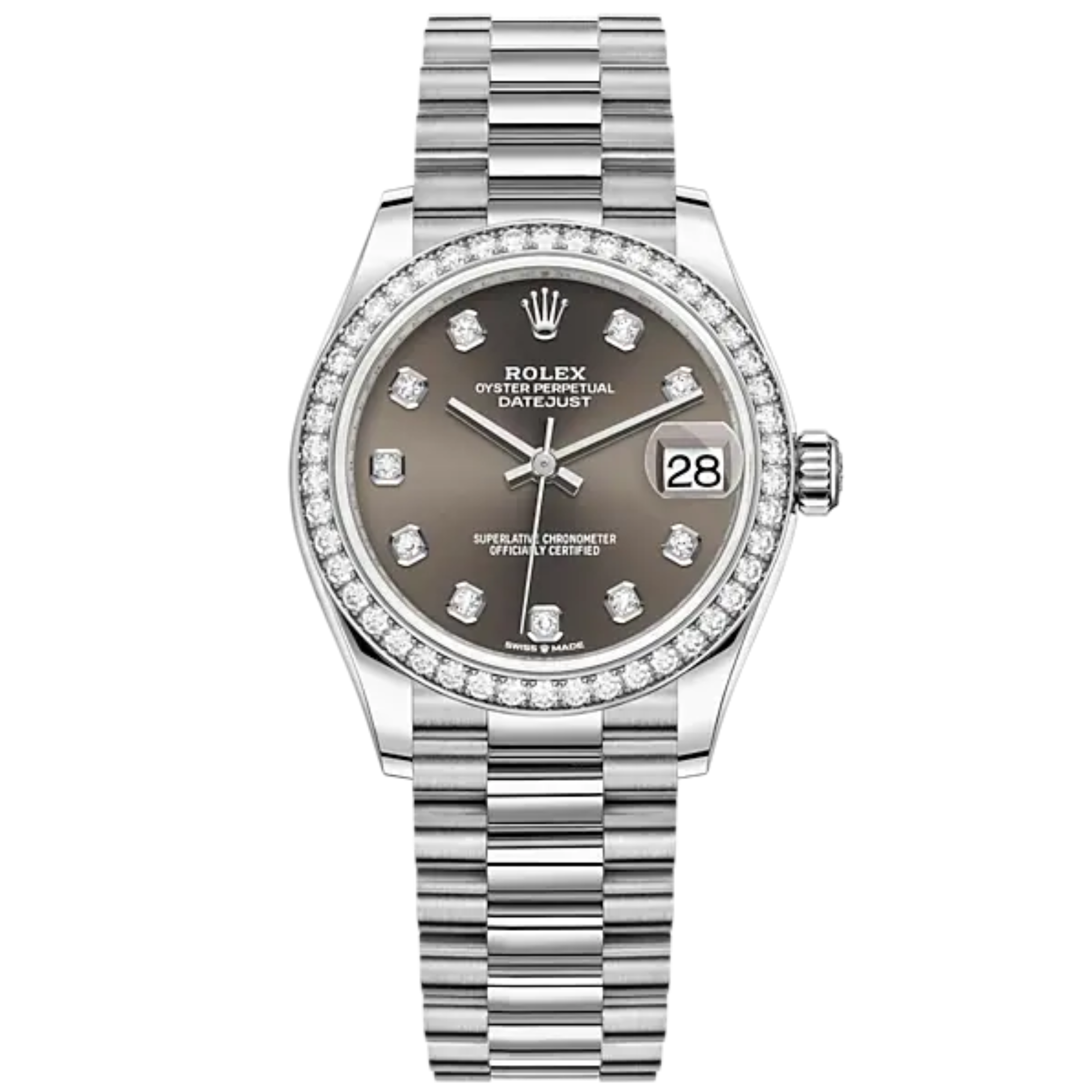 Datejust 31 31mm President Bracelet Oystersteel and White Gold With Dark Grey Diamond-Set Dial Diamond-Set Bezel - Rolex
