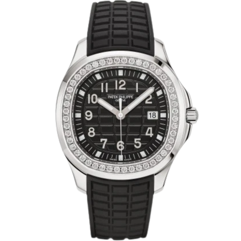 5267/200A-001 Aquanaut 38.8mm Black Strap Black Embossed Dial Diamond-paved Steel Bezel - Patek Philippe