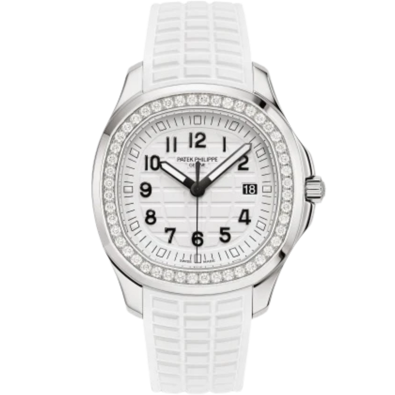 5267/200A-010 Aquanaut 38.8mm Matte White Strap Matte White Embossed Dial Diamond-paved Steel Bezel - Patek Philippe