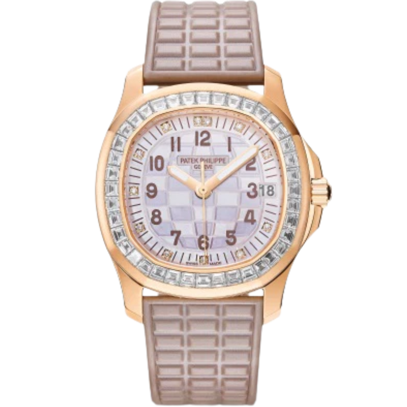 5072R Aquanaut Luce Haute Joaillerie 35.6mm Pearly Beige Tropical Strap Two-tone Beige Mother-of-Pearl Engraved Checkered Dial Baguette Diamond-set Rose Gold Bezel - Patek Philippe