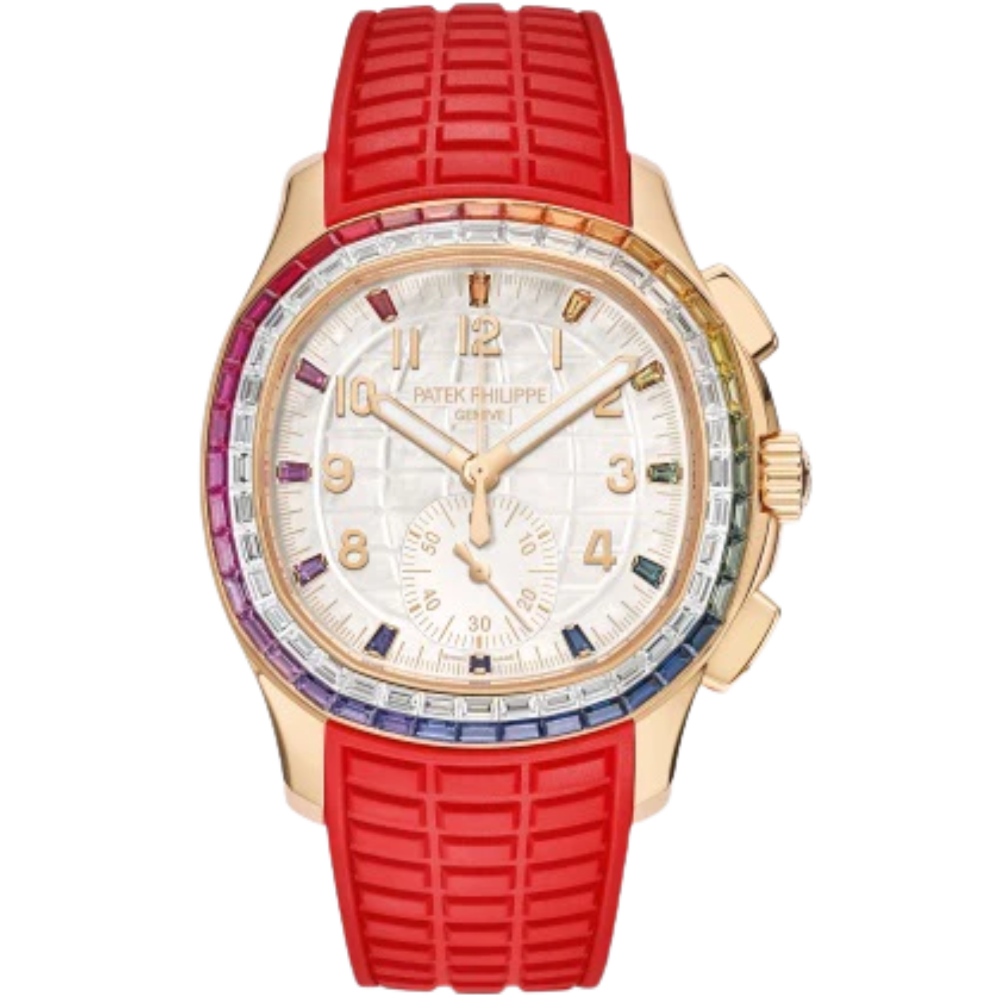 Matte Beige & Matte White Strap White Mother-of-Pearl Dial Rainbow-Sapphire Diamond-set Rose Gold Bezel - Patek Philippe