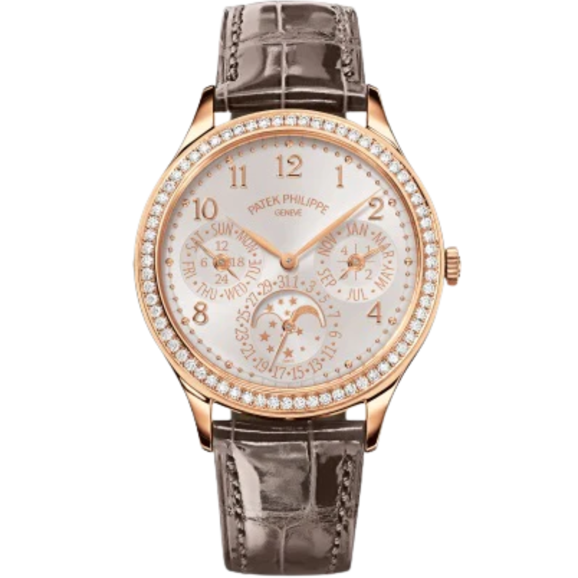 Royal Purple Shiny Alligator Straps Silvery-White Opaline Dial Diamond-set Rose Gold Bezel - Patek Philippe