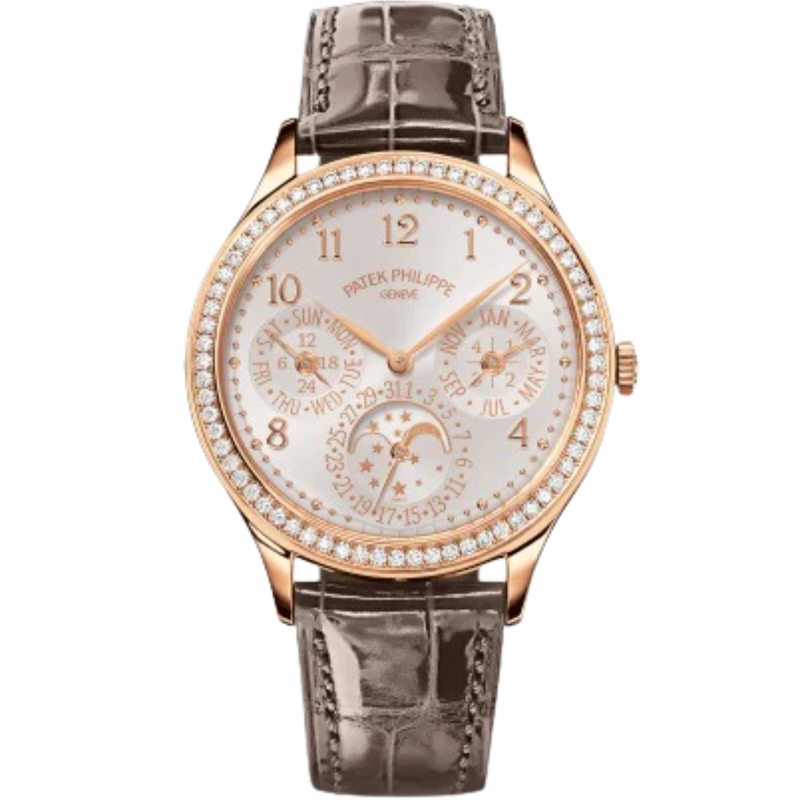 7140R Grand Complications 35.1mm Mink Gray/Royal Purple Shiny Alligator Straps Silvery-White Opaline Dial Diamond-set Rose Gold Bezel - Patek Philippe