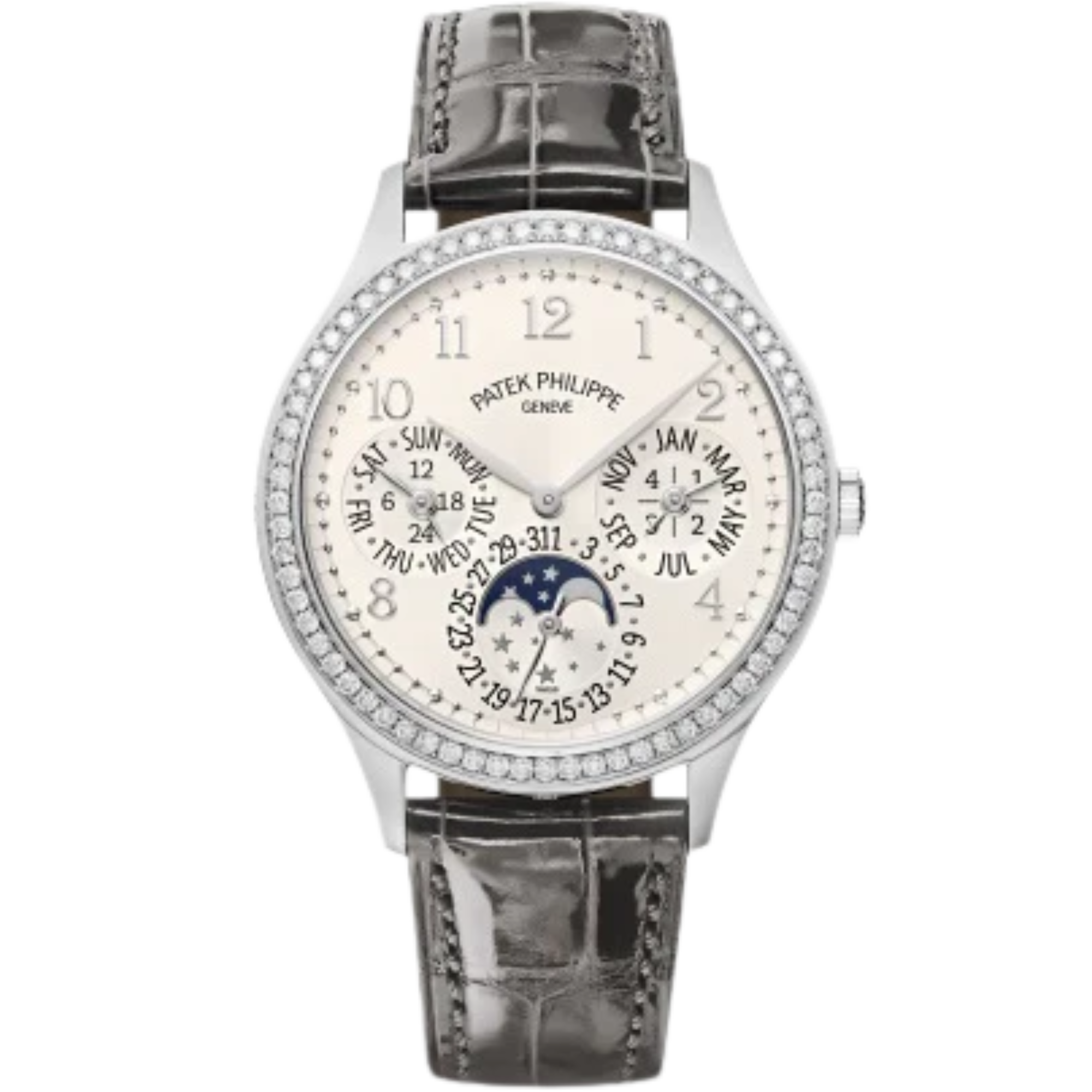 Shiny Turquoise Green Alligator Straps Silvery Sunburst Dial Diamond-set White Gold Bezel - Patek Philippe