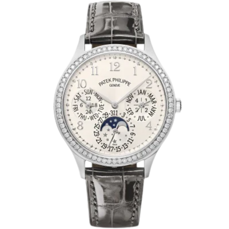 7140G Grand Complications 35.1mm Shiny Gray/Shiny Turquoise Green Alligator Straps Silvery Sunburst Dial Diamond-set White Gold Bezel - Patek Philippe