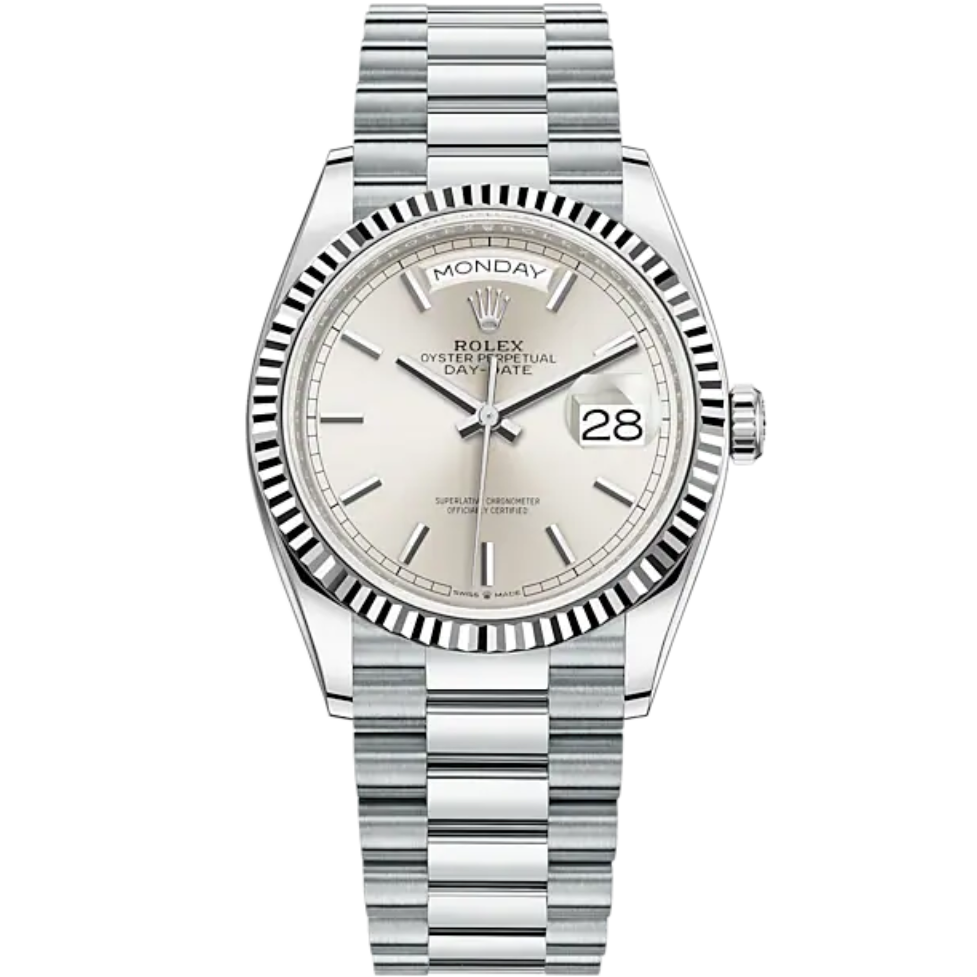 Day-Date 36 36mm President Bracelet and 18 KT White Gold with Silver Dial Fluted Bezel - Rolex