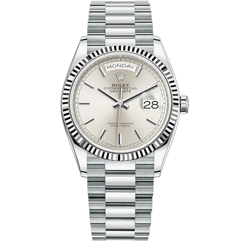 Day-Date 36 36mm President Bracelet and 18 KT White Gold with Silver Dial Fluted Bezel - Rolex