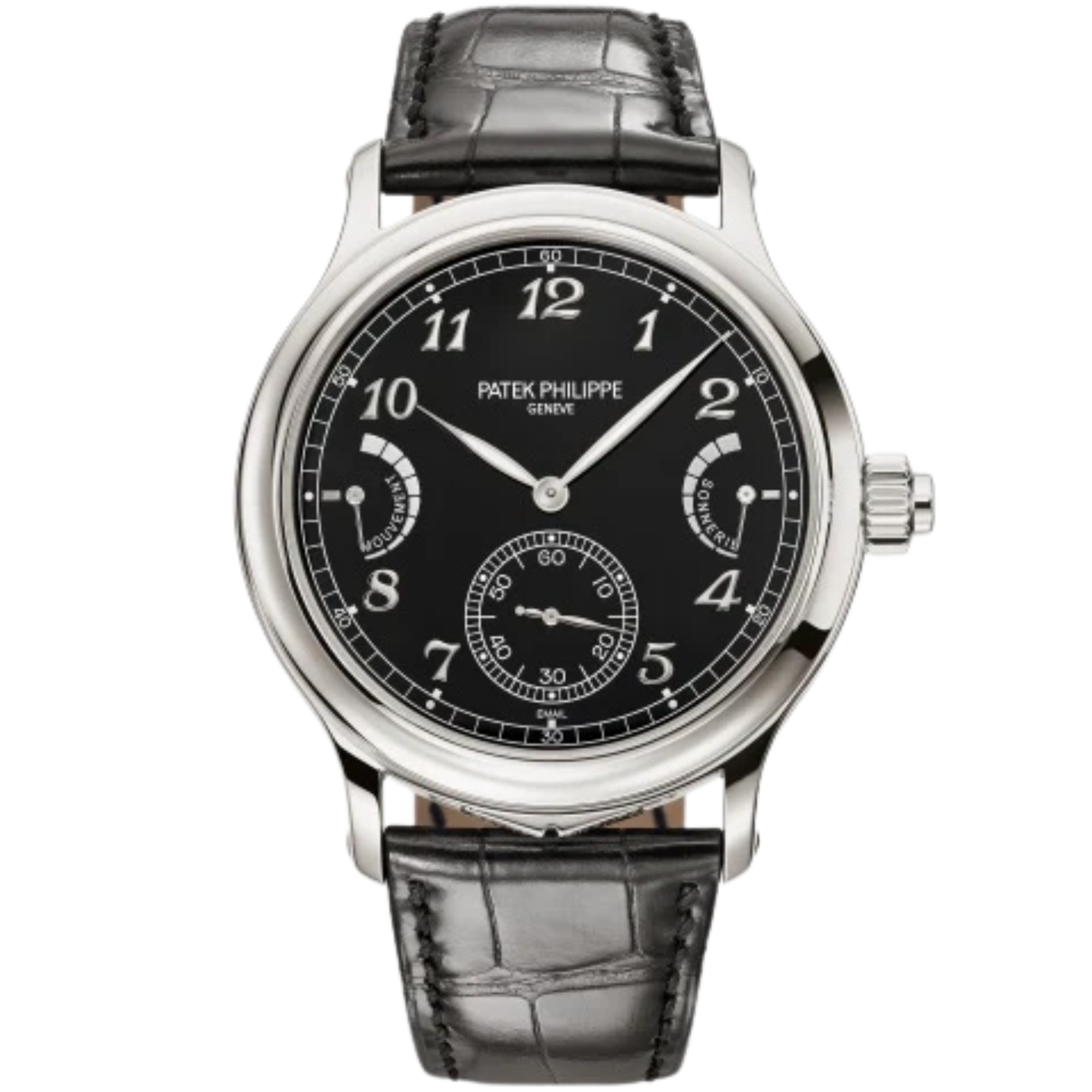 6301P Grand Complications 44.8mm Shiny Black Alligator Leather Strap Grand Feu Black Dial Platinum Bezel - Patek Philippe
