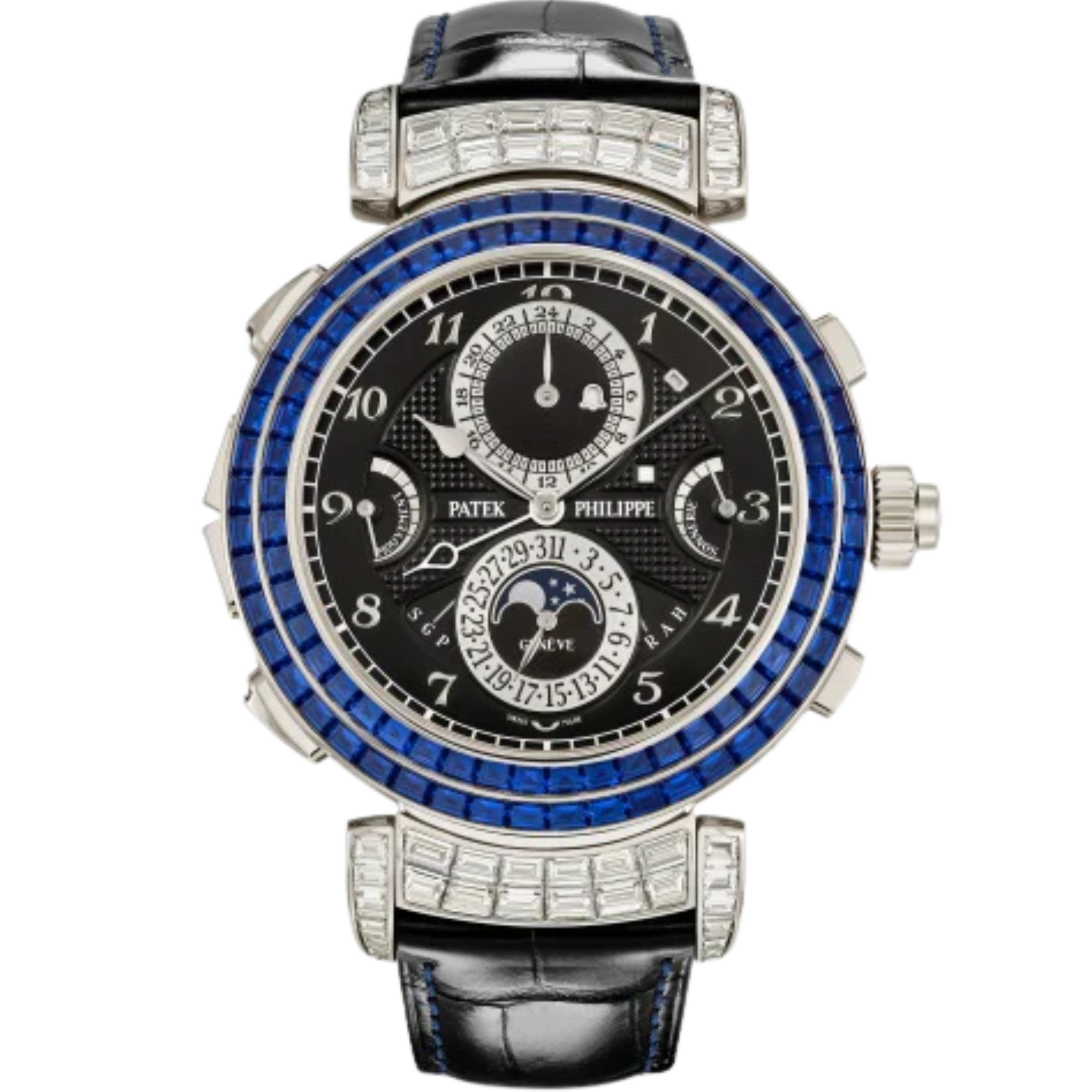 401G Grand Complications 49.4mm Shiny Black Alligator Leather Strap Ebony Black Opaline Dial White Gold Baguette-cut Sapphire & Diamond-set Bezel - Patek Philippe