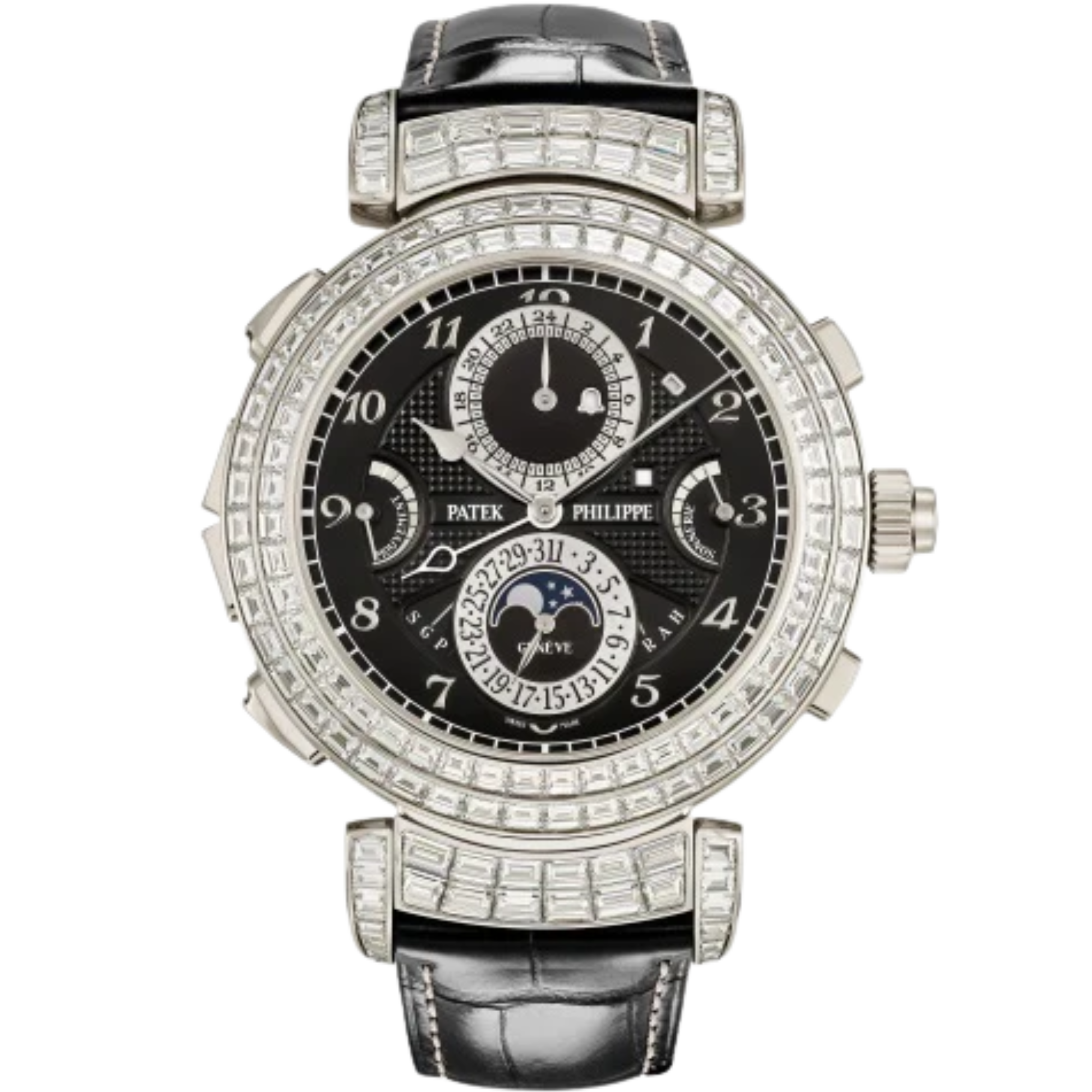 400G Grand Complications 49.4mm Shiny Black Alligator Leather Strap Ebony Black Opaline Dial White Gold Baguette Diamond-set Bezel - Patek Philippe
