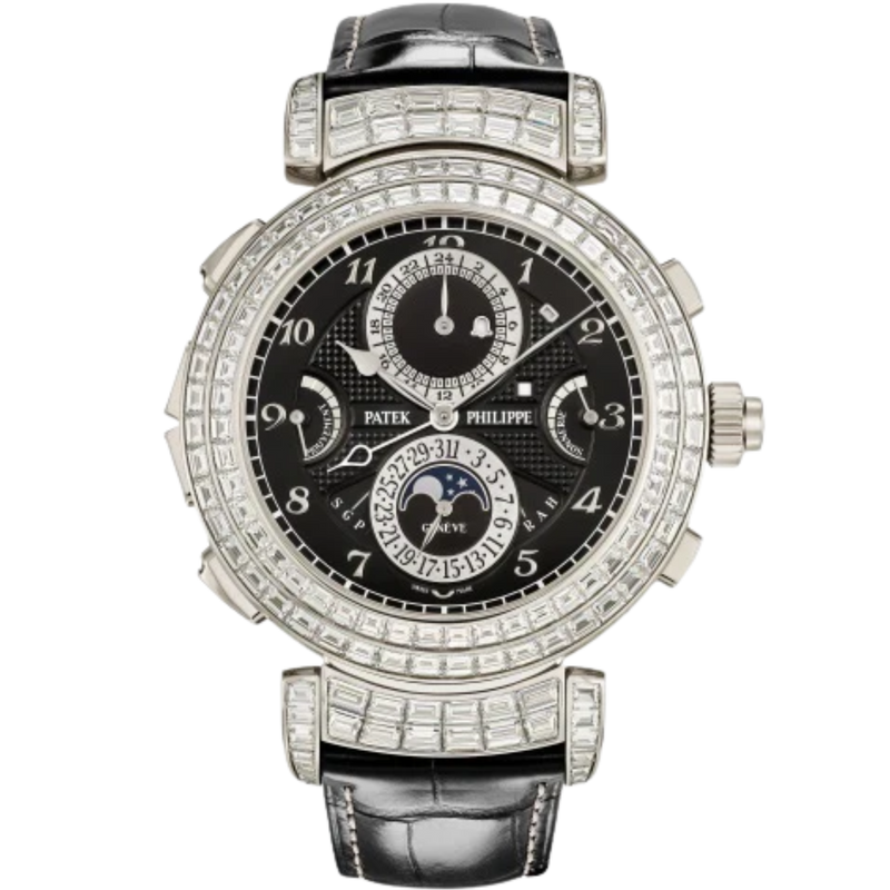 6300/400G Grand Complications 49.4mm Shiny Black Alligator Leather Strap Ebony Black Opaline Dial White Gold Baguette Diamond-set Bezel - Patek Philippe