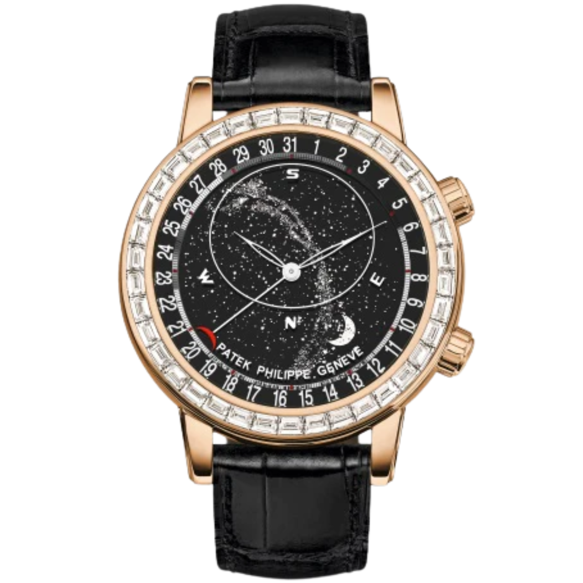 6104R Grand Complications 44mm Shiny Black Alligator Leather Strap Sky Chart & Milky Way Sapphire-Crystal Dial Rose Gold Jeweled Bezel - Patek Philippe