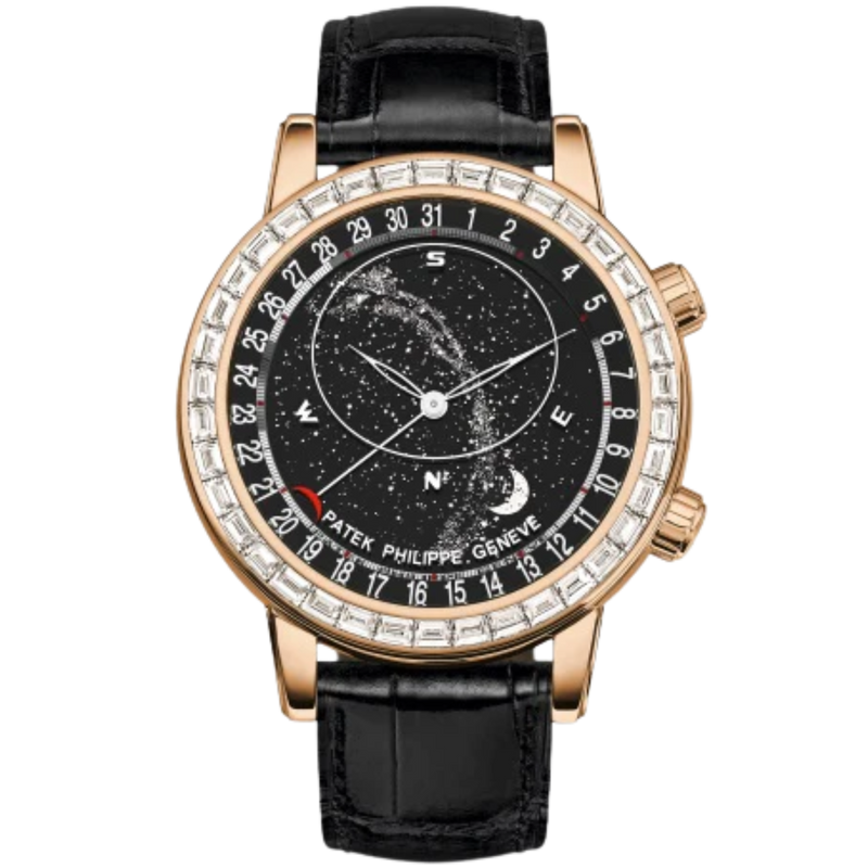 6104R Grand Complications 44mm Shiny Black Alligator Leather Strap Sky Chart & Milky Way Sapphire-Crystal Dial Rose Gold Jeweled Bezel - Patek Philippe