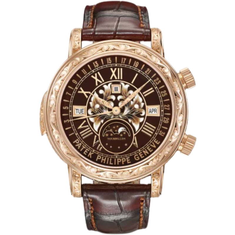 6002R Grand Complications 44mm Patinated Chestnut Alligator Strap Grand Feu champlevé & cloisonné brown Dial Rose Gold Bezel - Patek Philippe