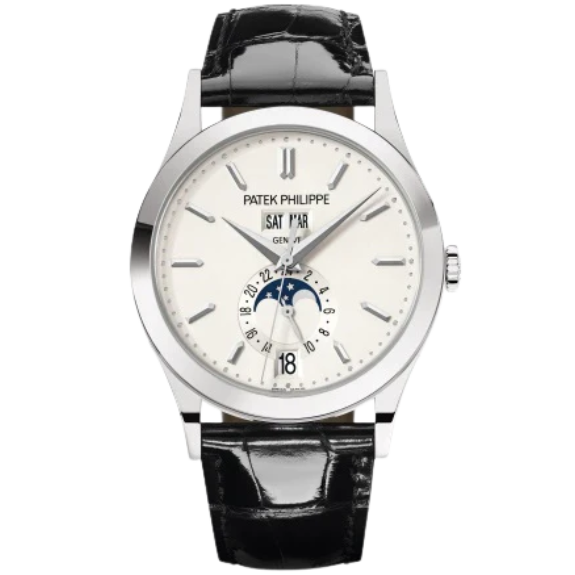 5396G Complications 38.5mm Shiny Black Alligator Strap Silvery Opaline Dial White Gold Bezel - Patek Philippe