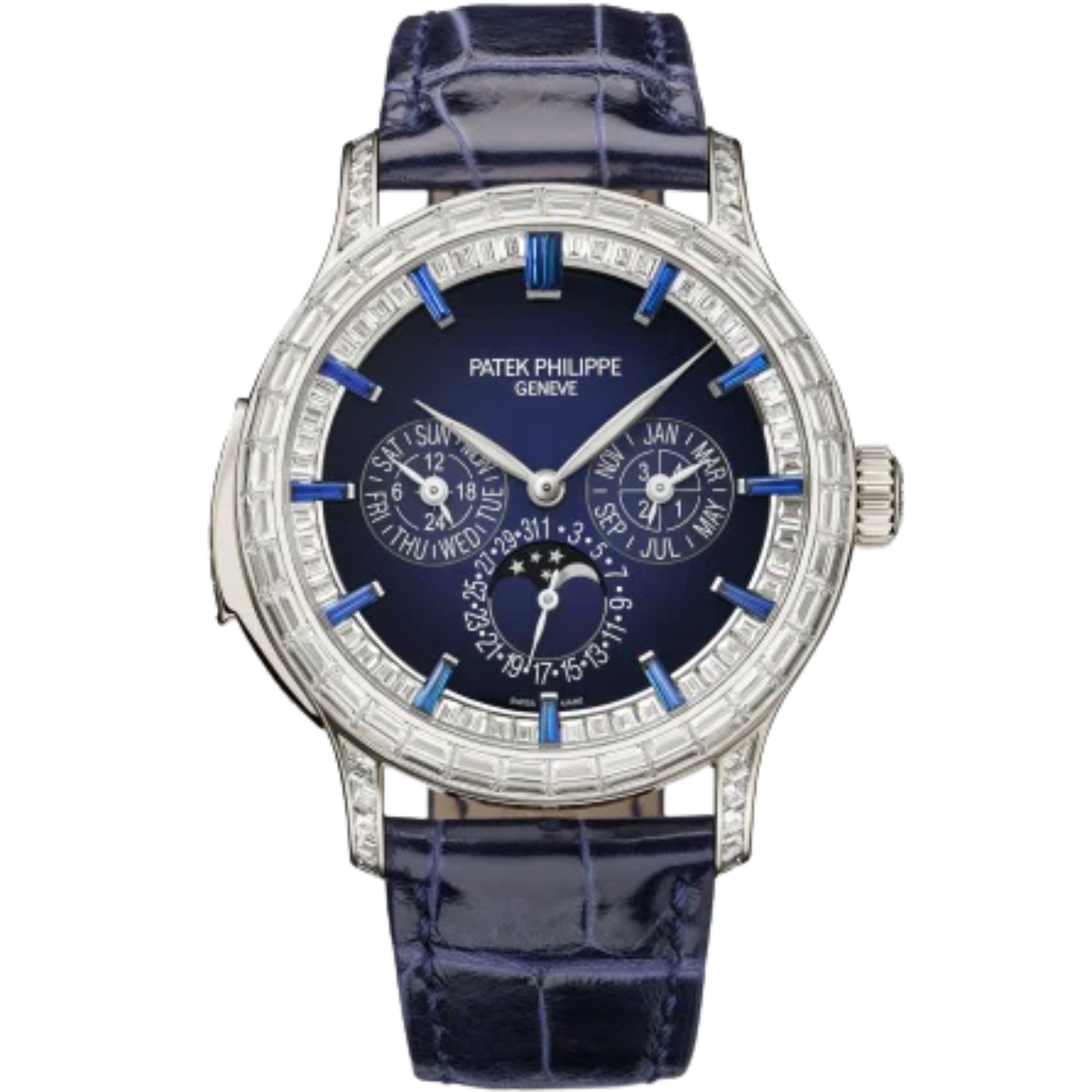 300P Grand Complications 42mm Shiny Dusk Blue Alligator Leather Strap Blue Lacquered Gradient-Black Dial Sapphire Flange Diamond-set Platinum Bezel - Patek Philippe