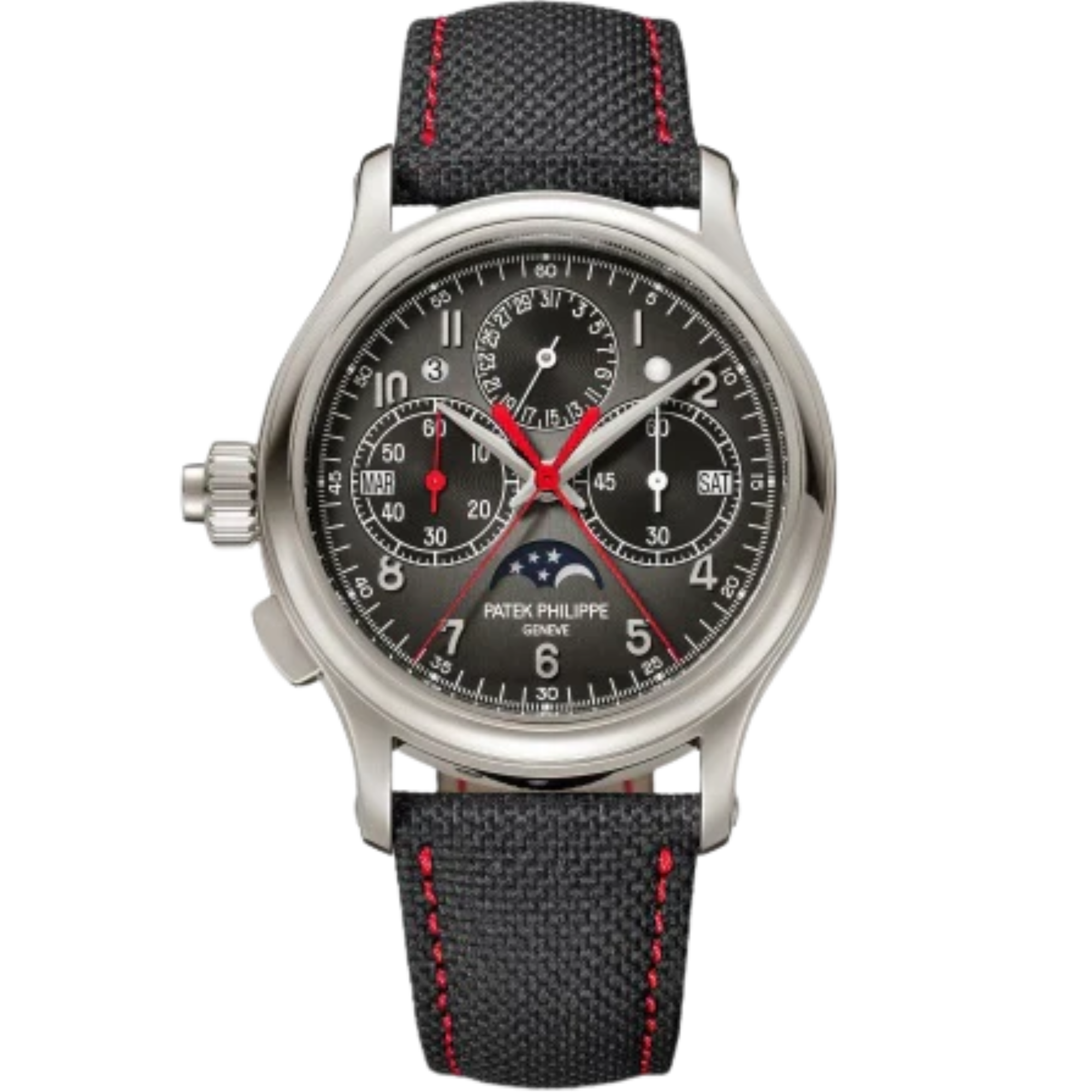 5373P Grand Complications Left-Hander's 38.3mm Black Embossed Calfskin Strap Charcoal Gray Gradient-Black Dial Platinum Bezel - Patek Philippe