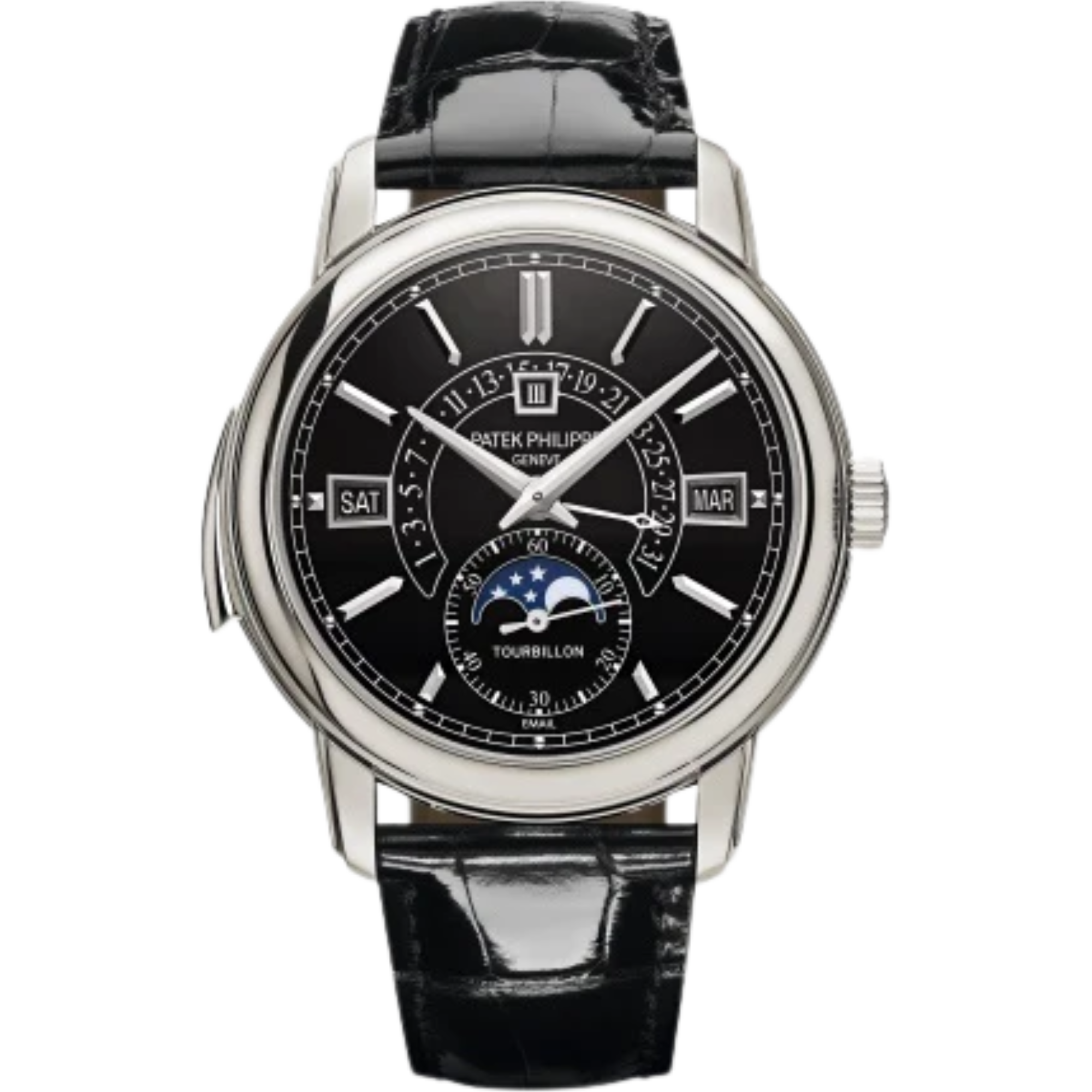 5316P Grand Complications 40.2mm Shiny Black Alligator Strap Black Enamel Dial Platinum Bezel - Patek Philippe