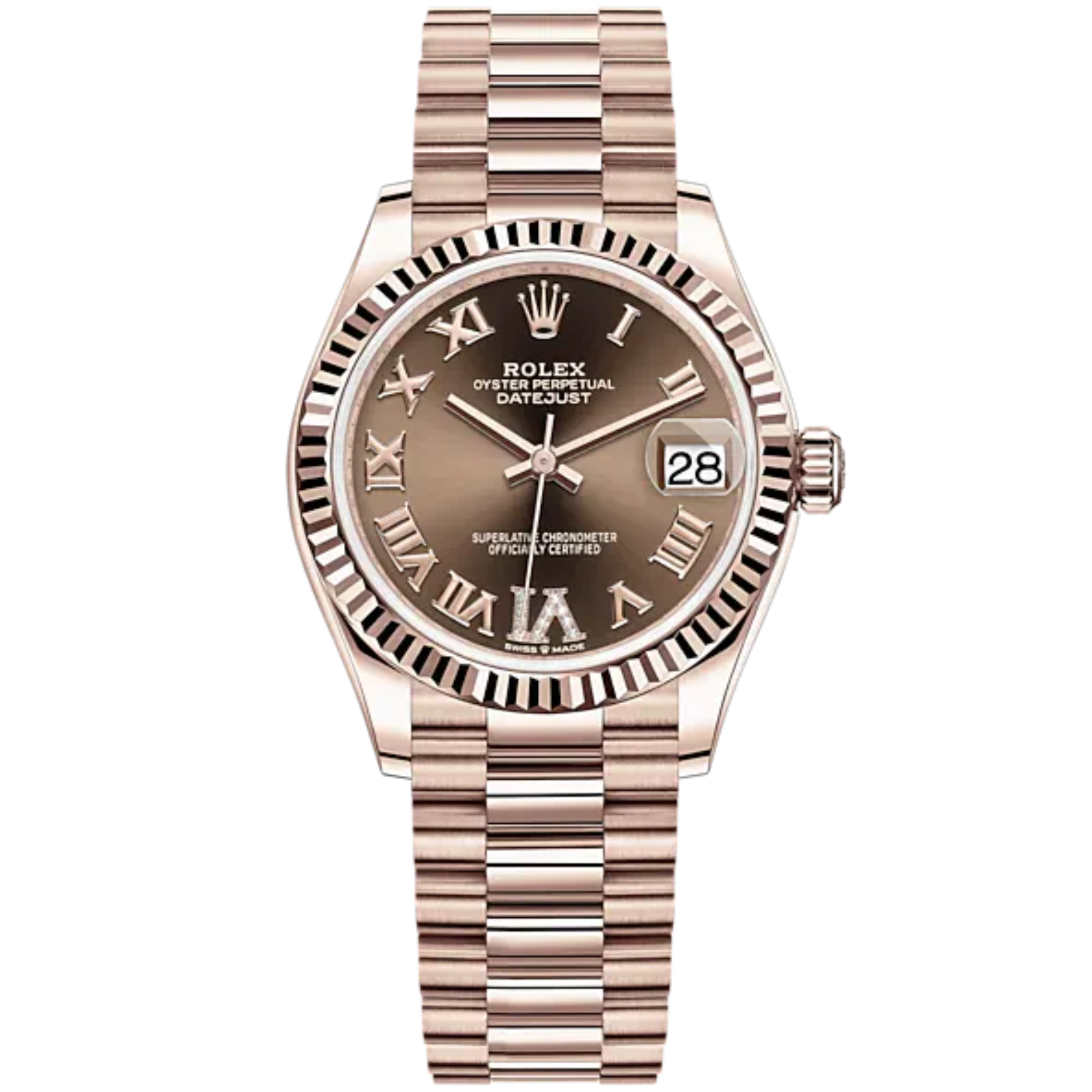 Datejust 31 31mm President Bracelet and 18 CT Everose Gold with Chocolate Diamond Dial Fluted Bezel - Rolex