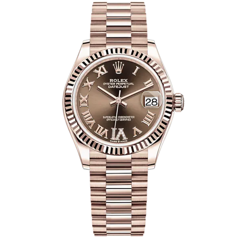 Datejust 31 31mm President Bracelet and 18 CT Everose Gold with Chocolate Diamond Dial Fluted Bezel - Rolex