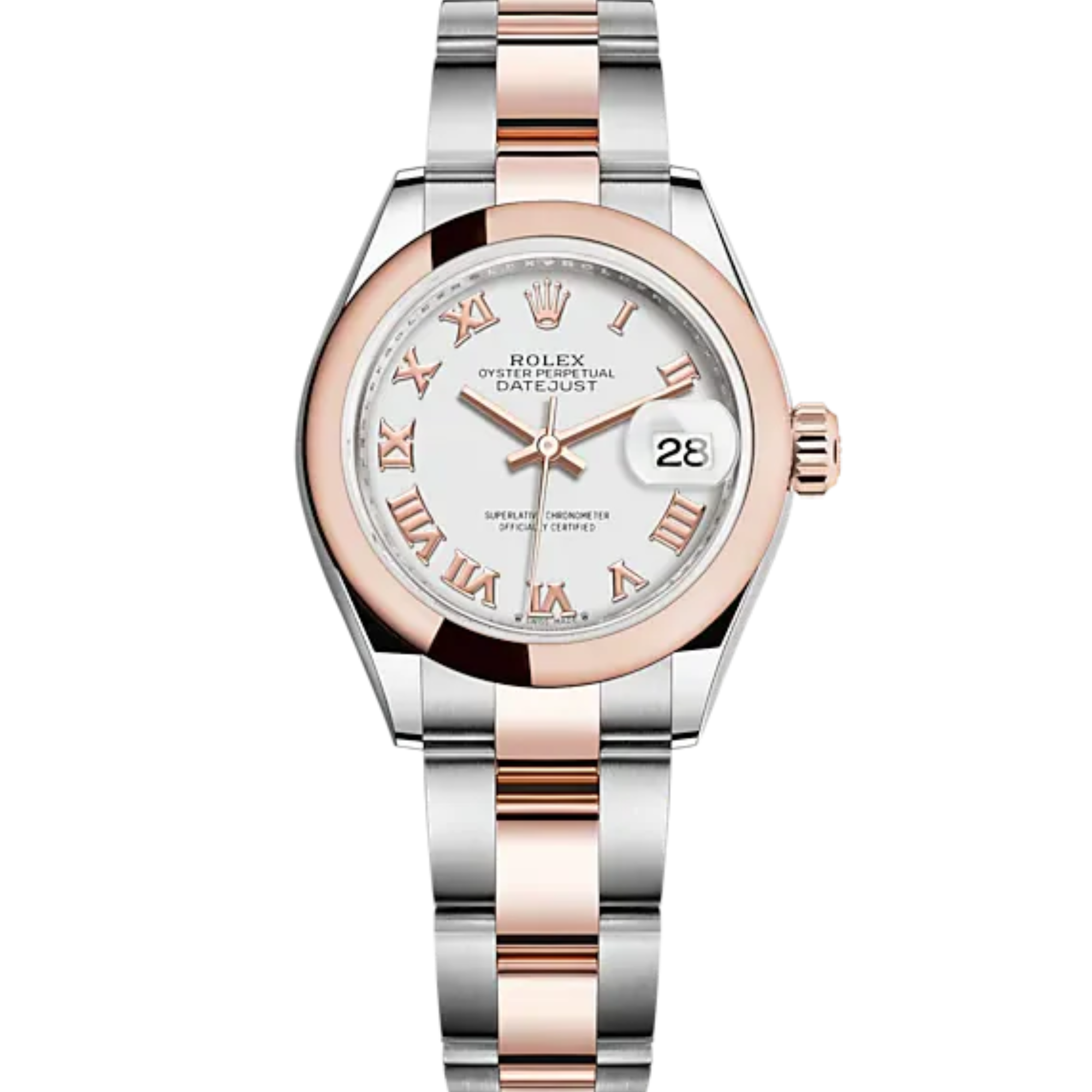 Lady-DateJust 28mm Oyster Oystersteel Bracelet and Everose Gold with White Dial Domed Bezel - Rolex
