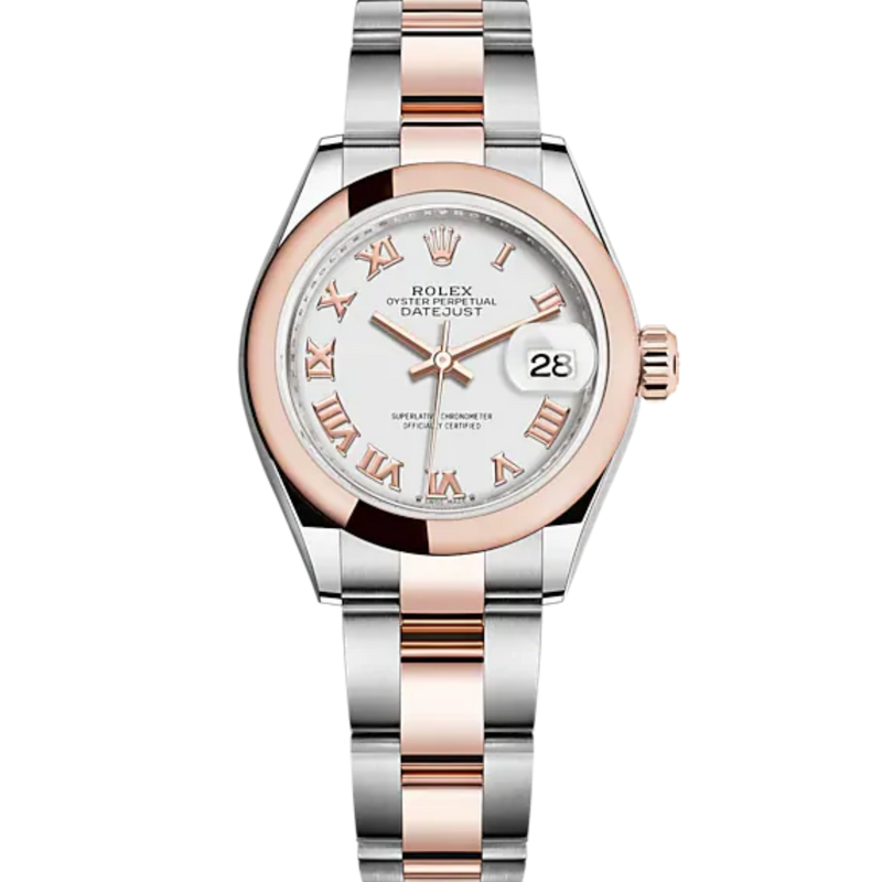 Lady-DateJust 28mm Oyster Oystersteel Bracelet and Everose Gold with White Dial Domed Bezel - Rolex