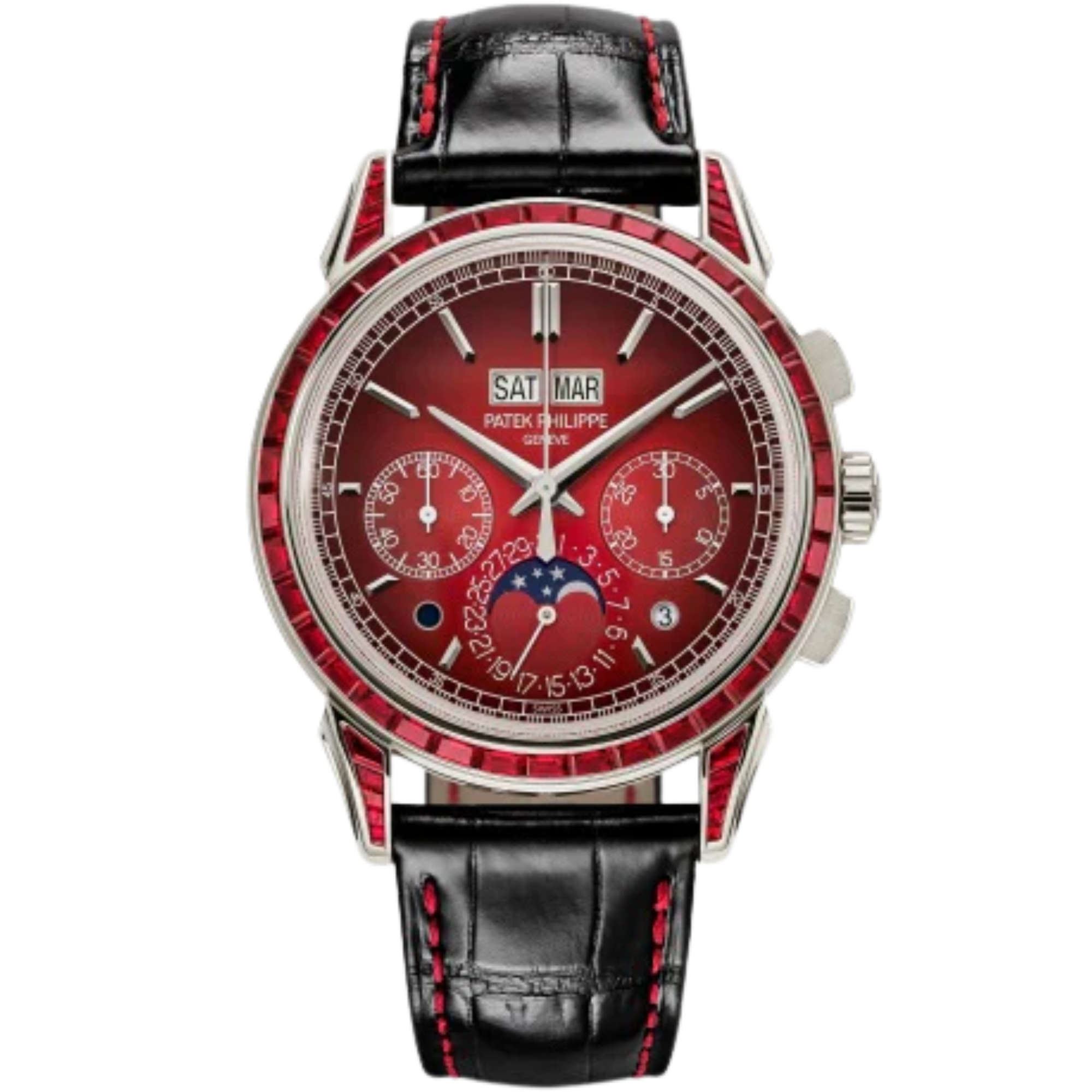 12P Grand Complications 41mm Shiny Black Alligator Leather Strap Lacquered Red Gradient-Black Dial Ruby-set Platinum Bezel - Patek Philippe